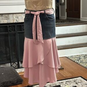Denim jeans altered into a skirt with Asymmetrical Pink ruffled skirt.